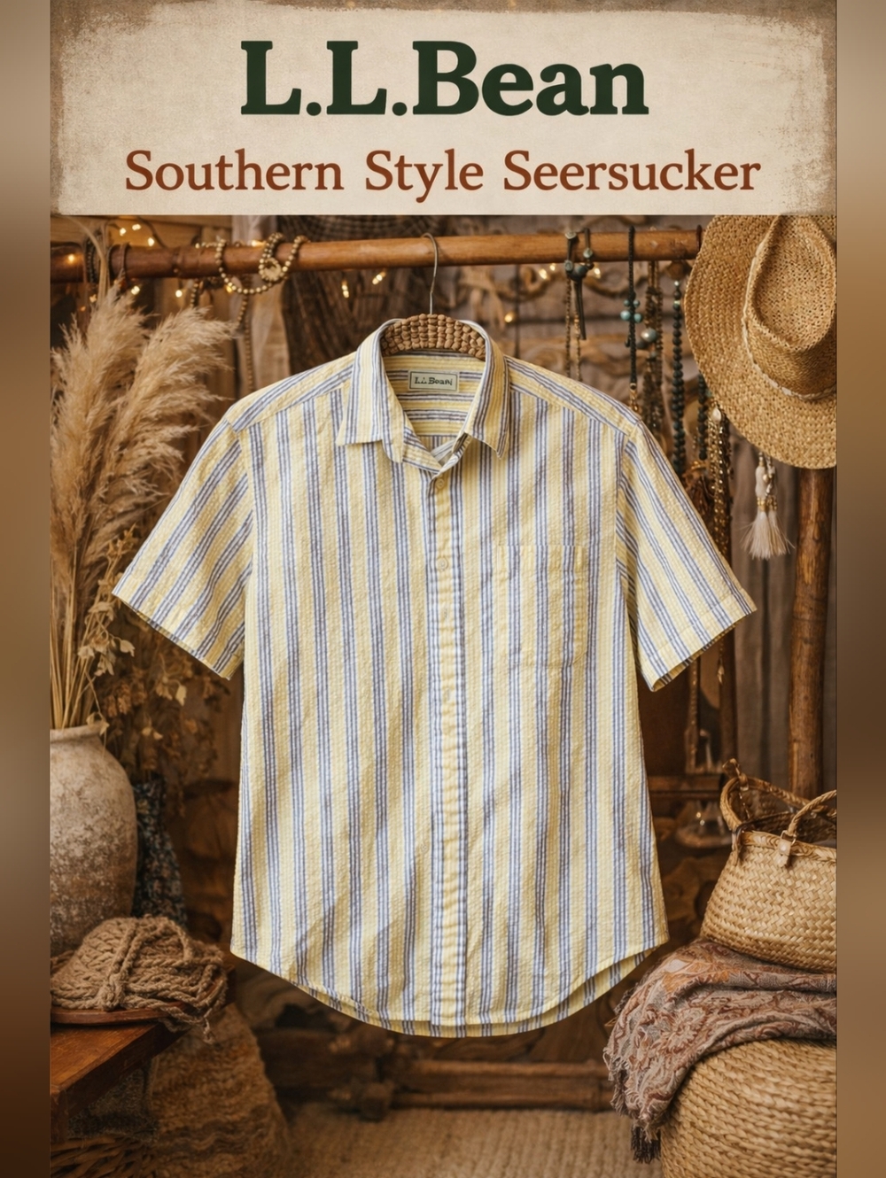 Vintage L.L. Bean Yellow and Blue Striped Seersucker Short-Sleeve Shirt